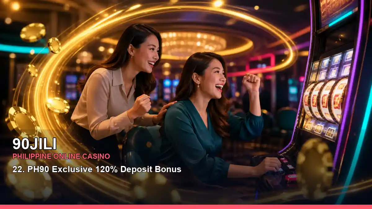 90JILI cashback rewards presented with an adult Filipina casino host in a lively casino setting